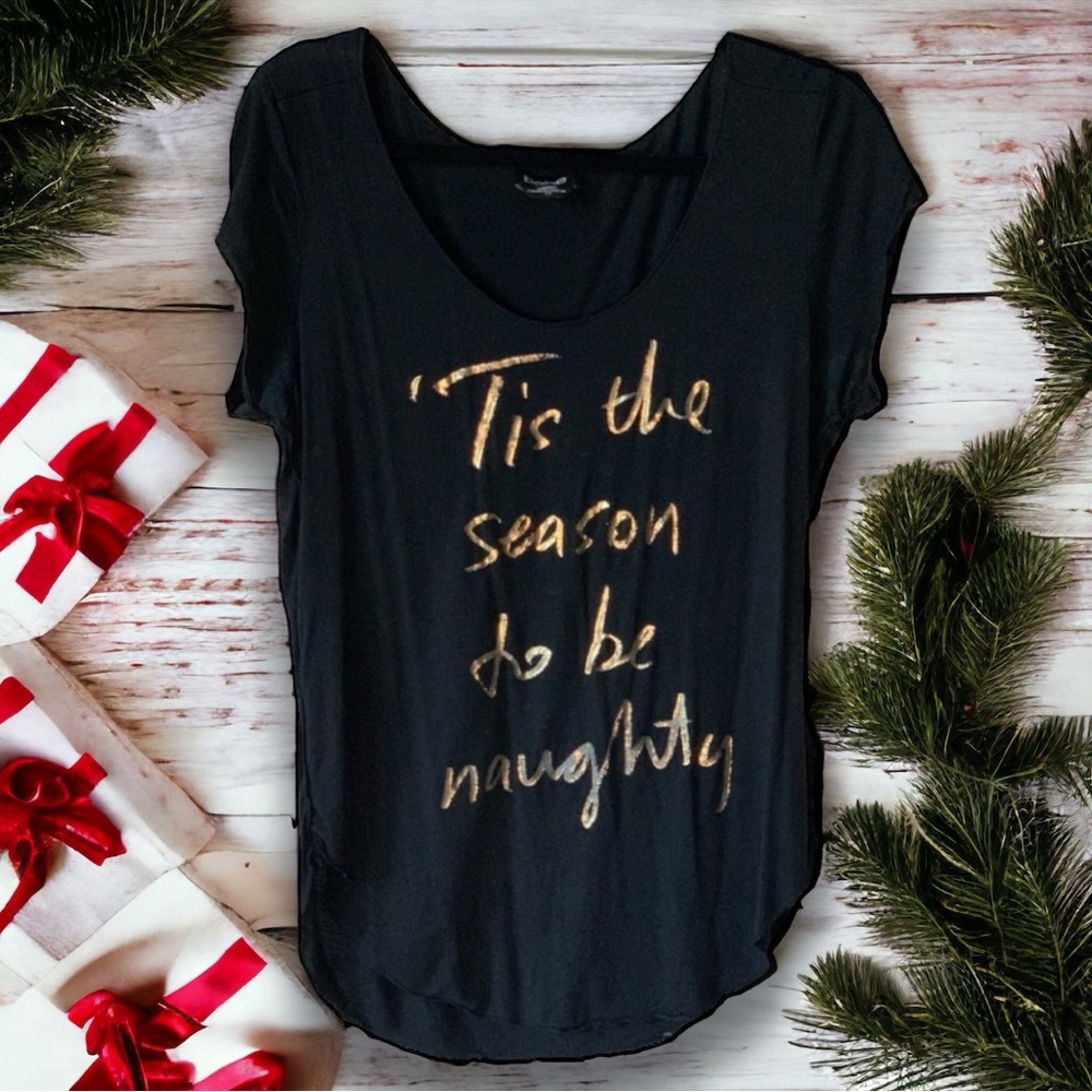 👚2/$10👗3/$12 Bebe Graphic Tee Tis The Season To Be Naughty Black & Gold Size L